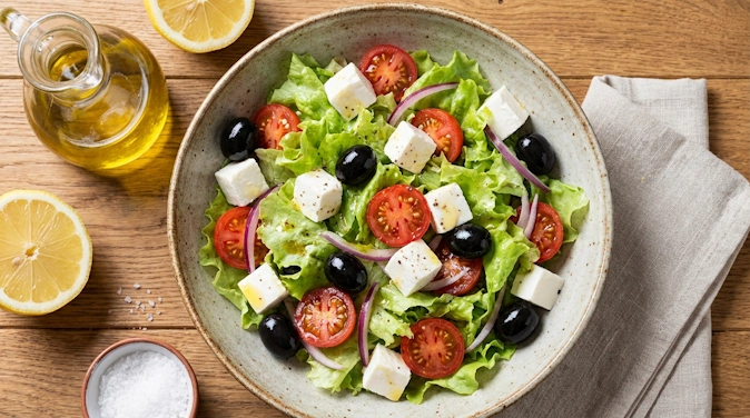 Ensalada mediterránea con quesillo, aceitunas y tomates cherry