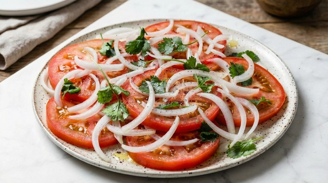 Ensalada a la chilena con tomate, cebolla y cilantro fresco