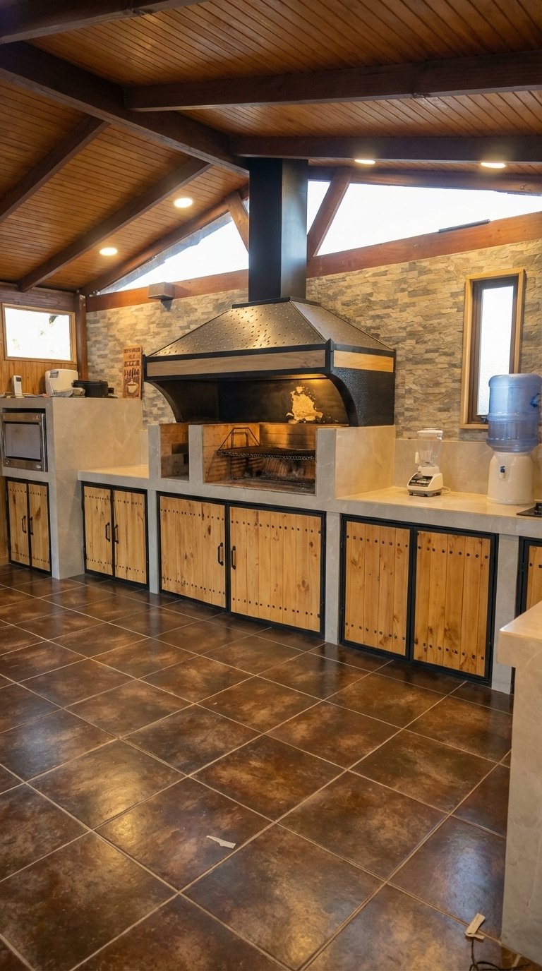 Quincho rústico equipado con parrilla y amplias mesas de madera en El Refugio de Gabriela