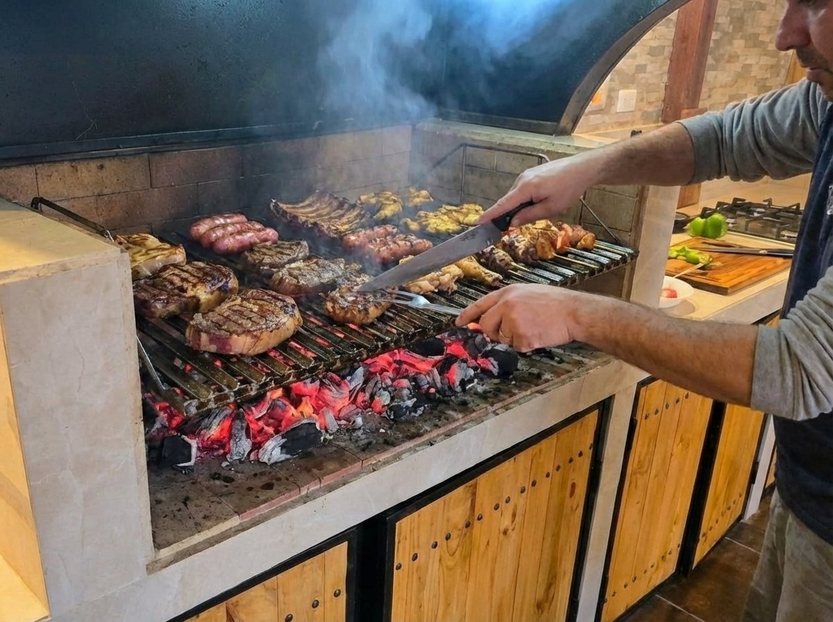 Parrilla a carbón y zona de asado en el quincho El Refugio de Gabriela