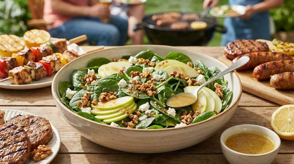 Ensalada de espinaca fresca con manzana verde y nueces