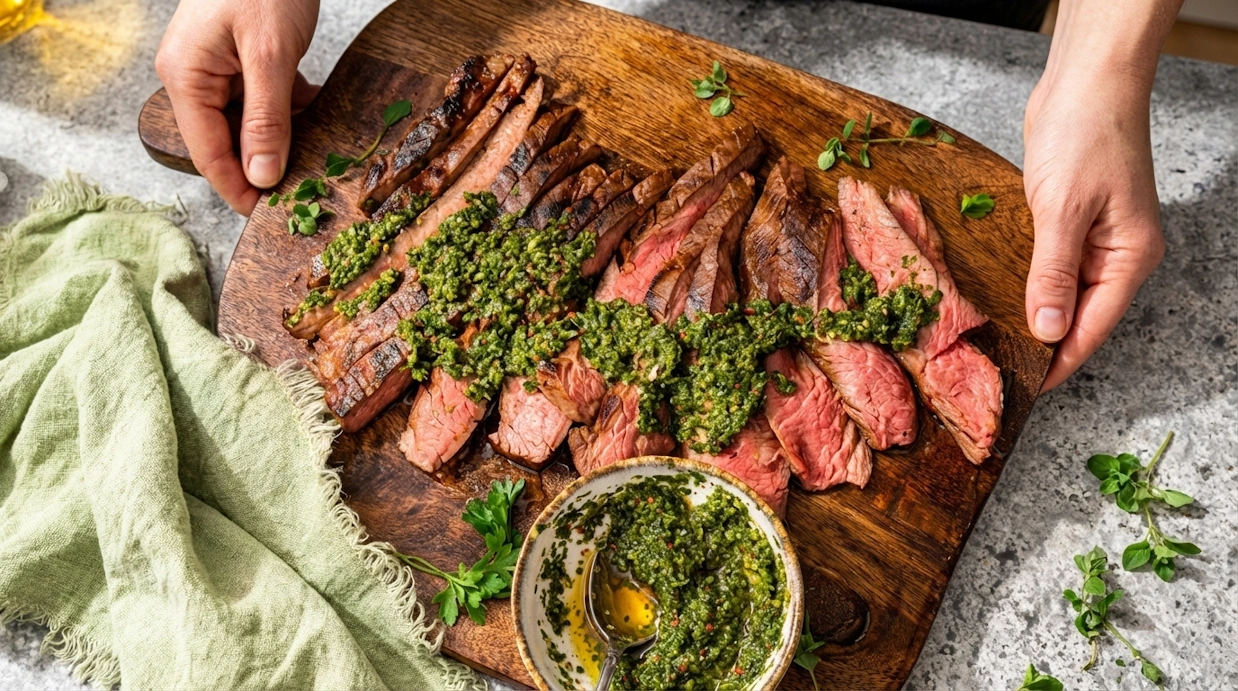 Chimichurri casero sobre carne asada a la parrilla en quincho