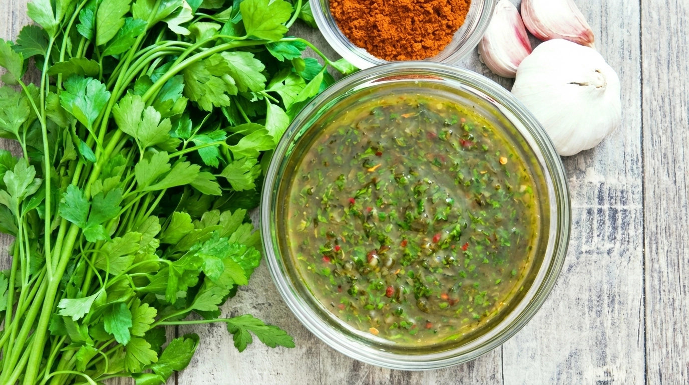 Chimichurri casero en frasco de vidrio con perejil fresco, ajo y especias — El Refugio de Gabriela